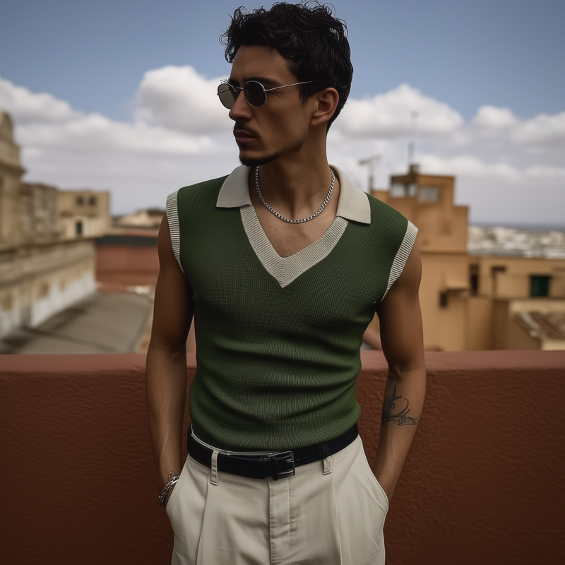 Men's Casual Breathable Colorblock Lapel Slim Fit Knitted Sleeveless Polo Shirt MTA1572G4M