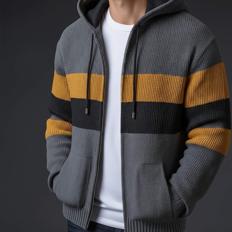 Men's Winter Retro Color Block Cotton Yarn Knitted Hooded Cardigan MTA0356K1P