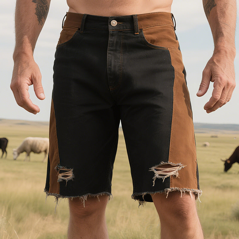 Men's Retro Western Cowboy Style Ranch Classic Denim Washed Ripped Shorts MTA1307E9TO