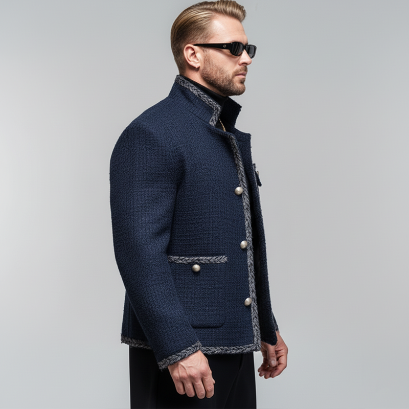 Men's Navy Blue Classic Chanel-Style Stand Collar Jacket MTA1067K3U