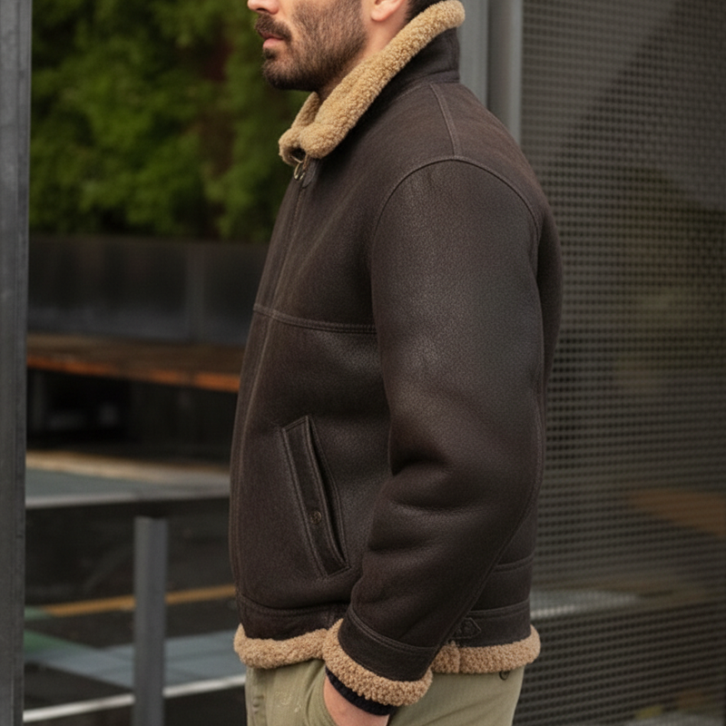 Men's Winter Warm Dark Brown PU Leather And Fleece Lining Zip-up Jacket MTA1047K5U