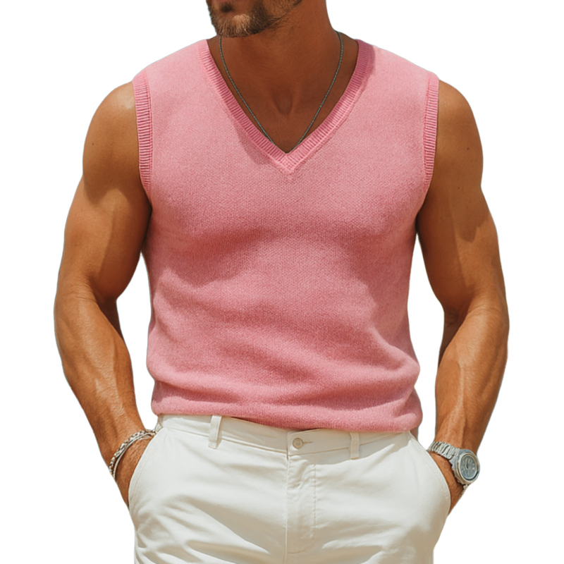 Men's Fashion Solid Color Thin V-neck Slim Fit Knitted Pullover Vest MTA0146G5M
