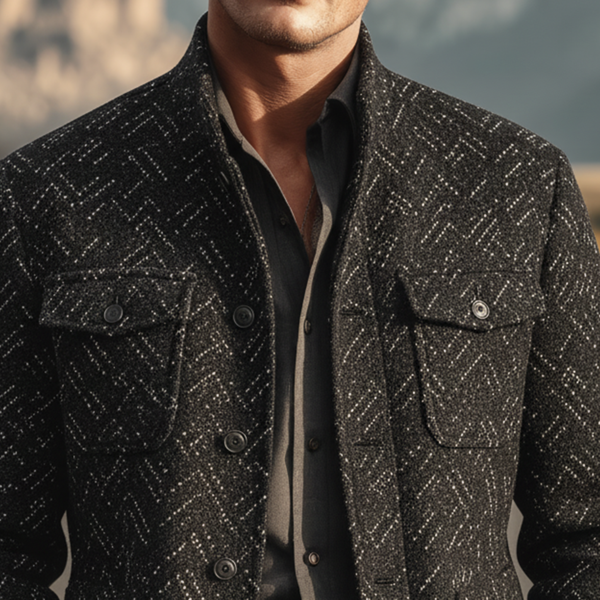 Men's Classic Light Business Stand Collar Multi-pocket Faux Textured Wool Jacket MTA2916I7K