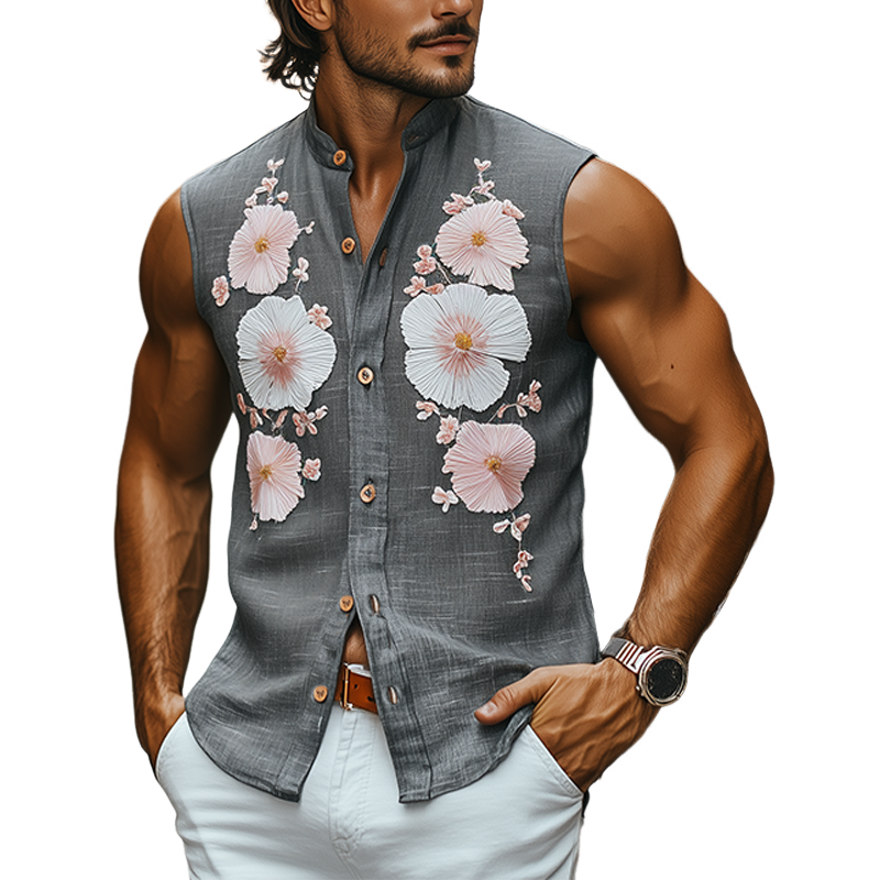 Men's Spring And Summer Casual Sicily Style Stand-up Collar Towel Embroidery Cotton And Linen Slim Sleeveless Shirt MTA1012F4K