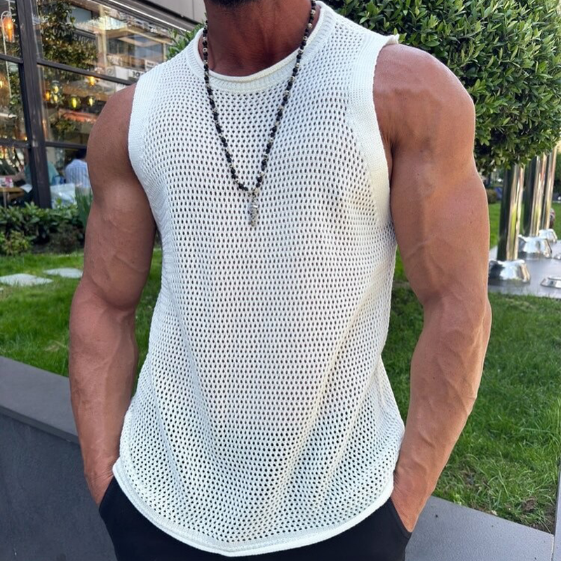 Men's Solid Knit Mesh Crew Neck Tank Top MTA1809G1X