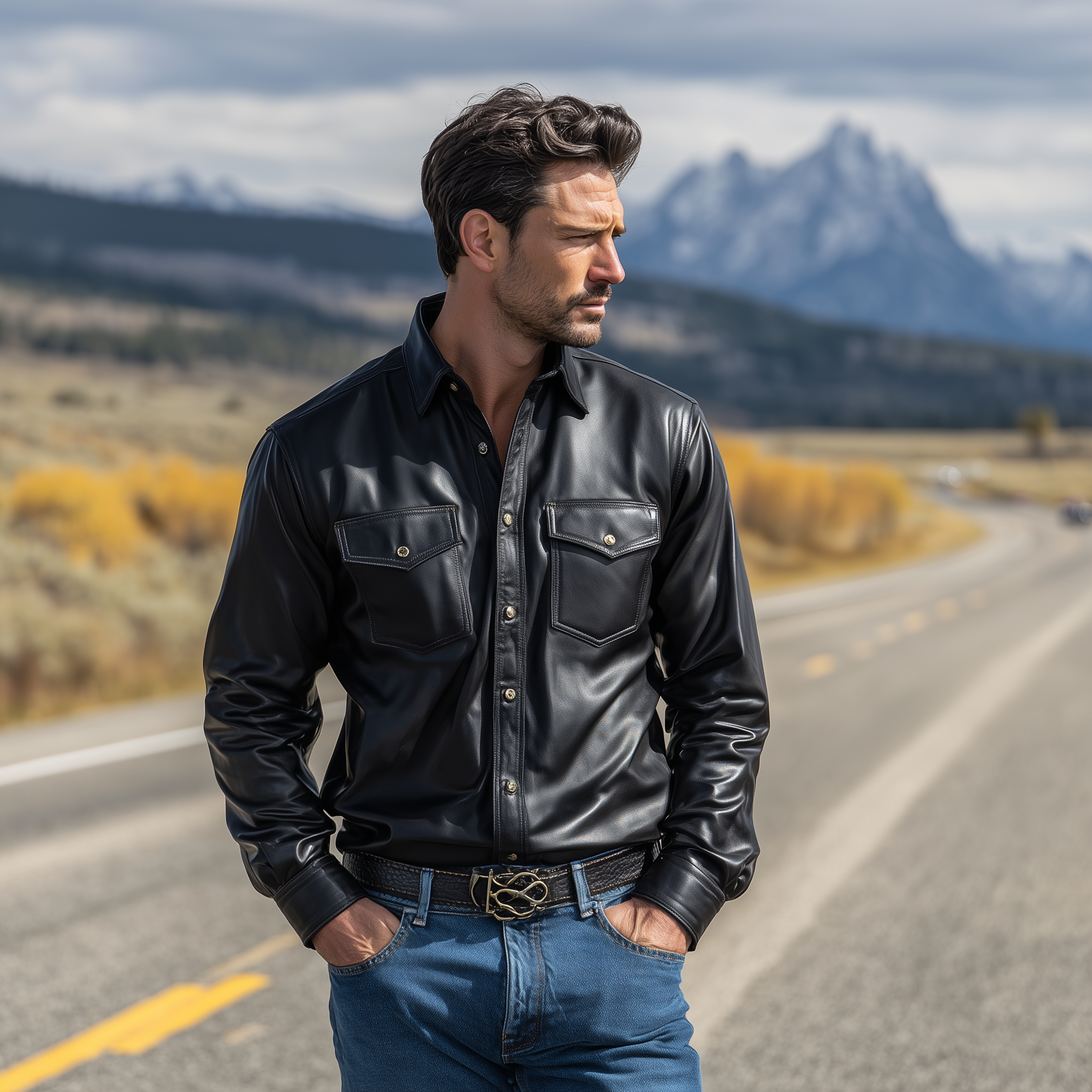 Men's Classic Fashion Casual Pu Leather Lapel Long Sleeve Shirt MTA0252H3K