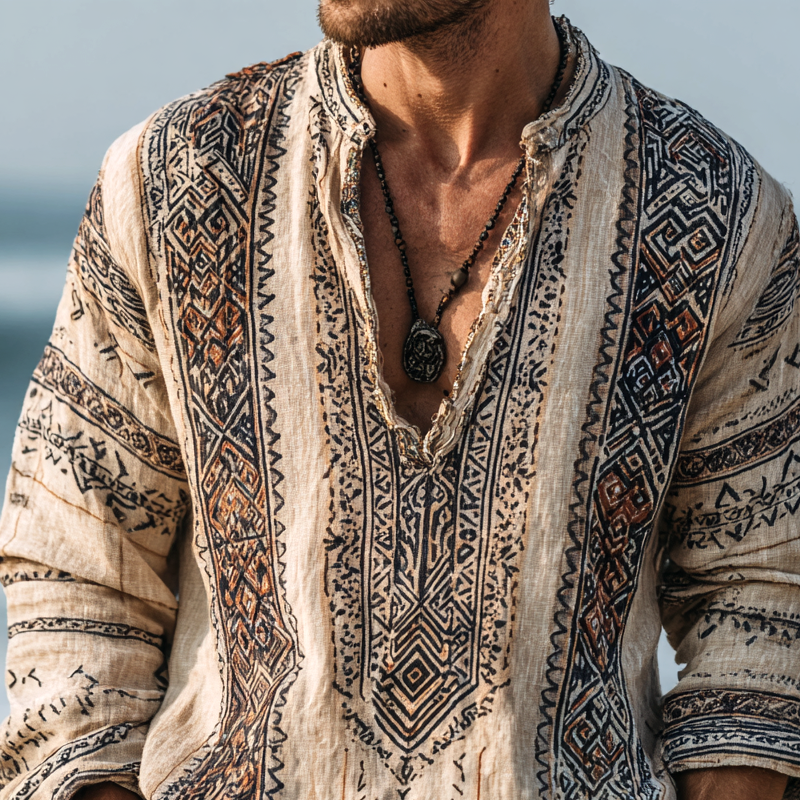 Men's Aztec Patterns V Neck Long Sleeve Shirt MTA1108H7Z