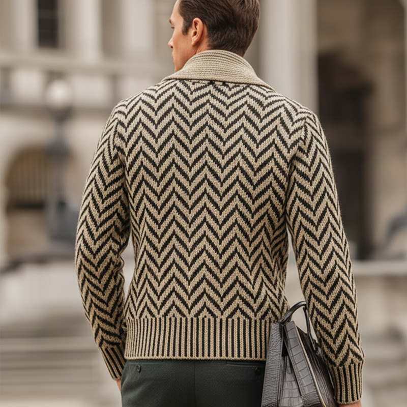 Men's Classic Light Khaki Zigzag Jacquard Lapel Knit Cardigan MTA2111J4U