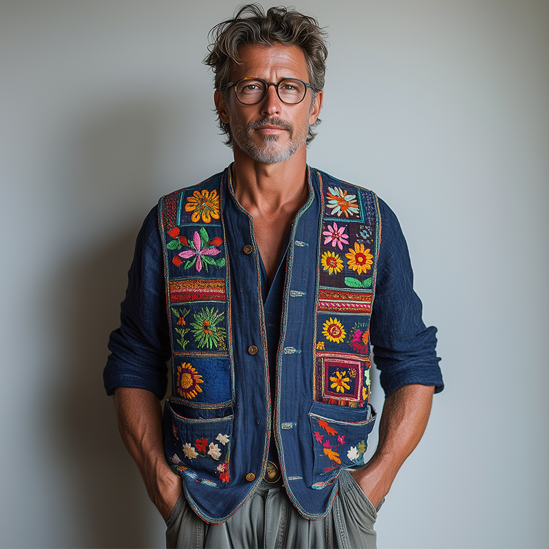 Men's Summer Fashion Premium Bohemian Embroidery Slub Linen Vest MTA2494F0P