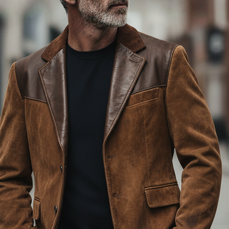 Men's Retro Patchwork Faux Suede Lapel PU Blazer MTA2207K5X