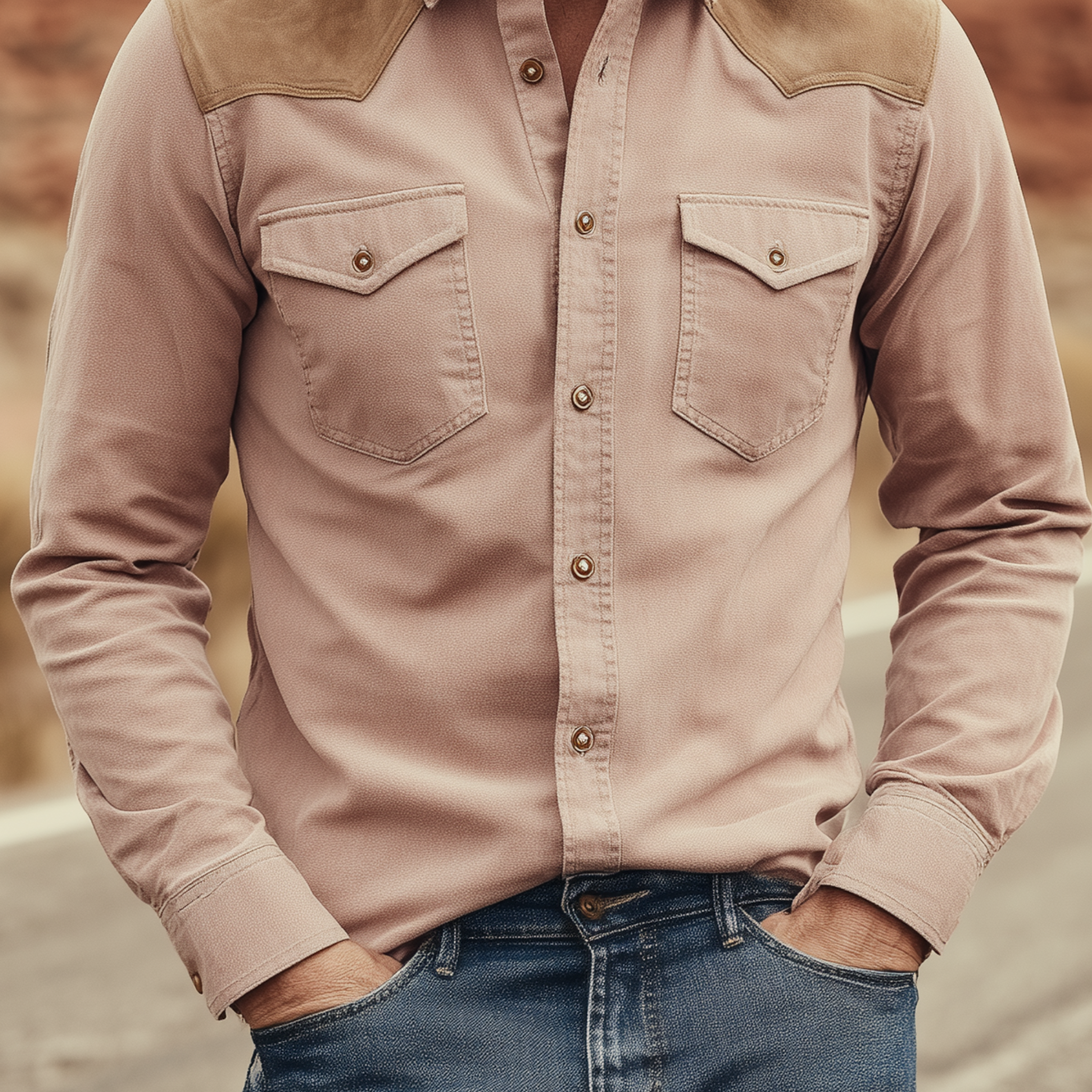 Men's Classic Retro Western Style Suede Shoulder Patchwork Pink Cotton Blend Long Sleeve Shirt MTA2220H2K