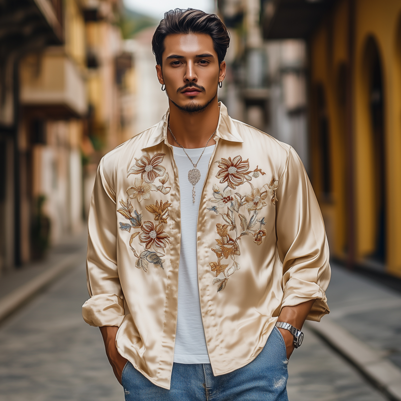 Men's Vintage Elegant Flower Embroidery Satin Lapel Stand Collar Loose Long Sleeve Shirt MTA1652F5M