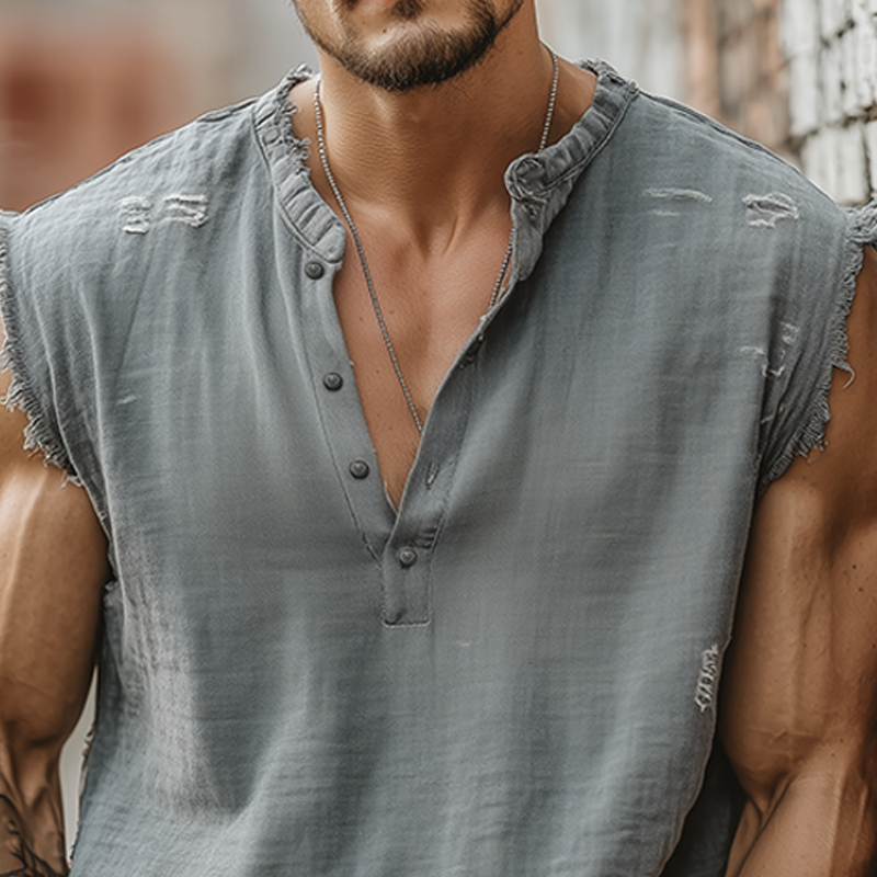 Men's Summer Casual Tough Style Henley Collar Cotton Blended Raw Edge Ripped Tank Top MTA1605G6K