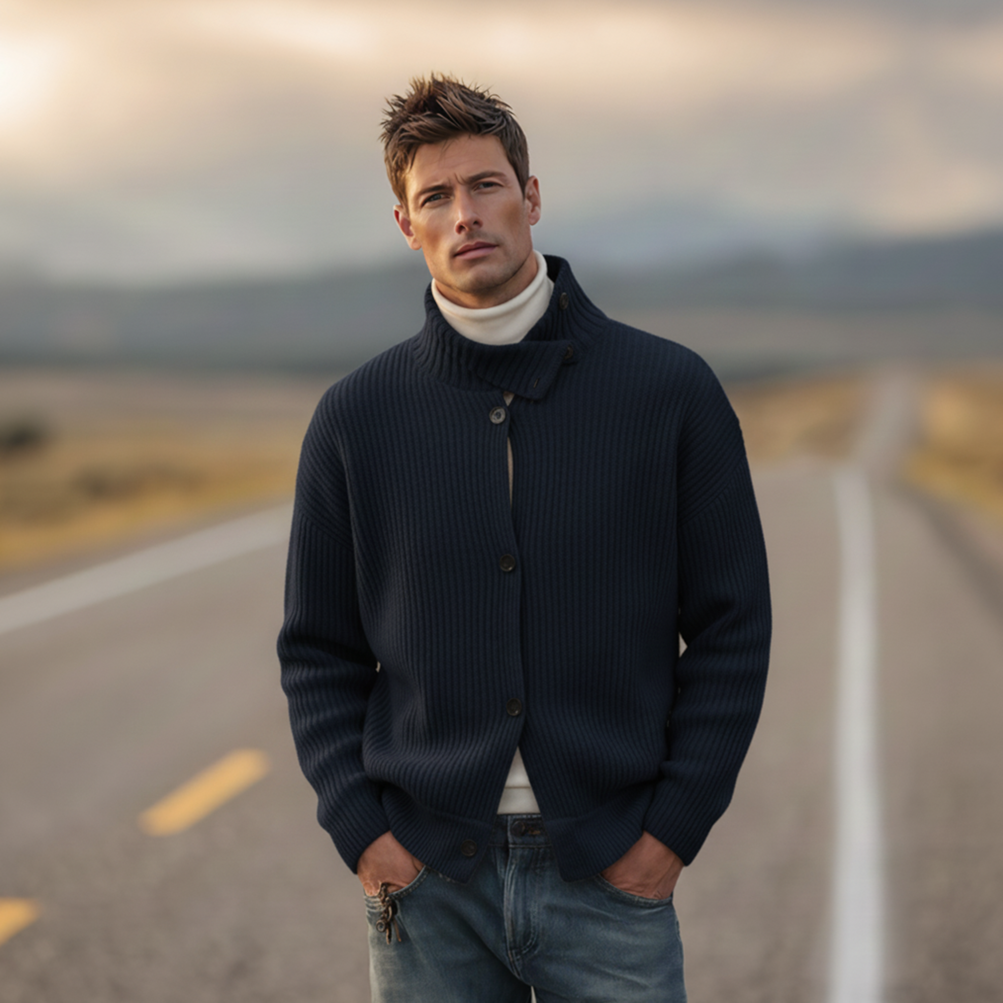 Men's Classic Retro Stand-up Collar Single-breasted Knit Cardigan MTA0714K1K