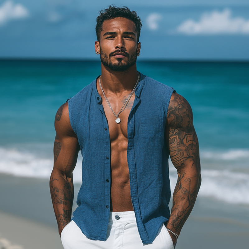 Men's Casual Breathable Cotton Linen Stand Collar Single-Breasted Slim Fit Sleeveless Shirt MTA1358E0M