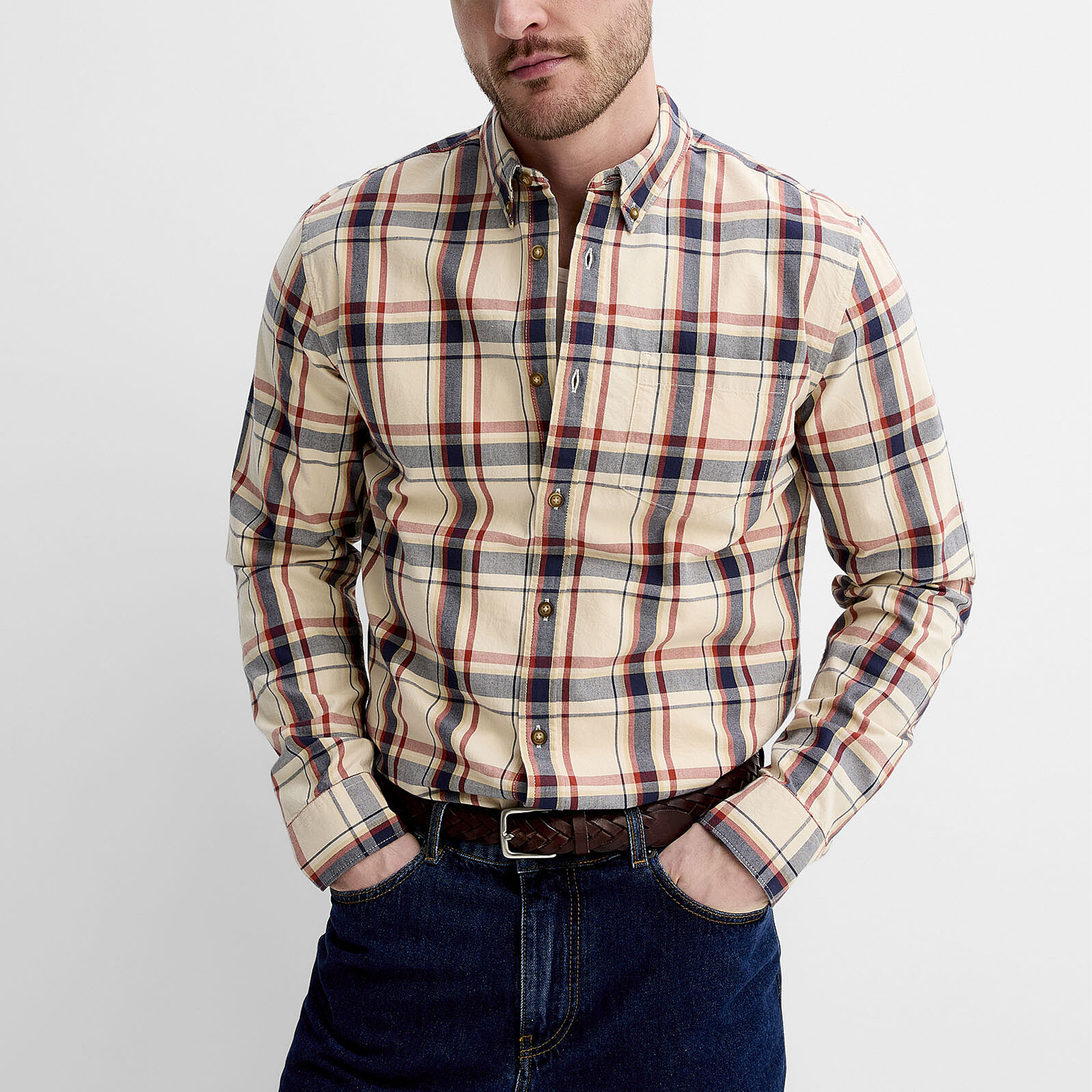 Men's Classic Casual Cotton Blend Check Lapel Long Sleeve Shirt MTA1800G2K