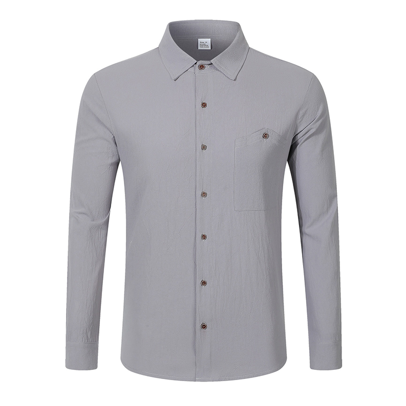 Men's Casual Solid Color Cotton And Linen Long-sleeved Lapel Shirt MTA1391H5X