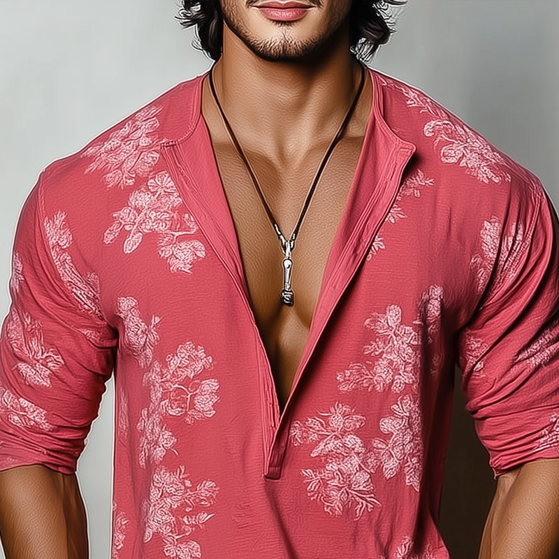 Men's Floral Henley Collar Long Sleeve T-shirt MTA3022G0Z