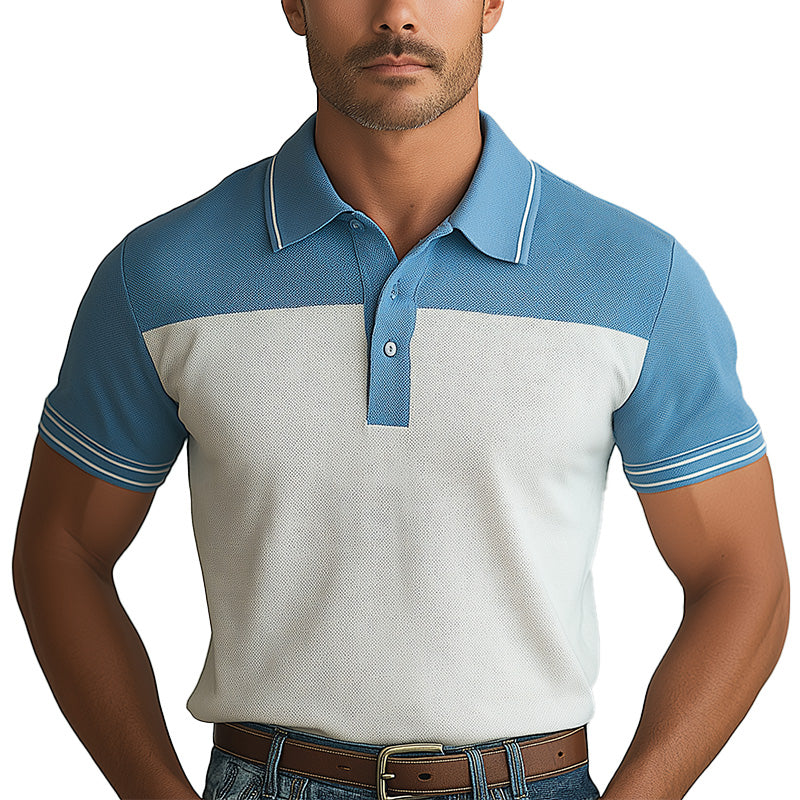 Men's Summer Fashion Cotton And Linen Patchwork Short Sleeve Polo Shirt MTA2176E6P