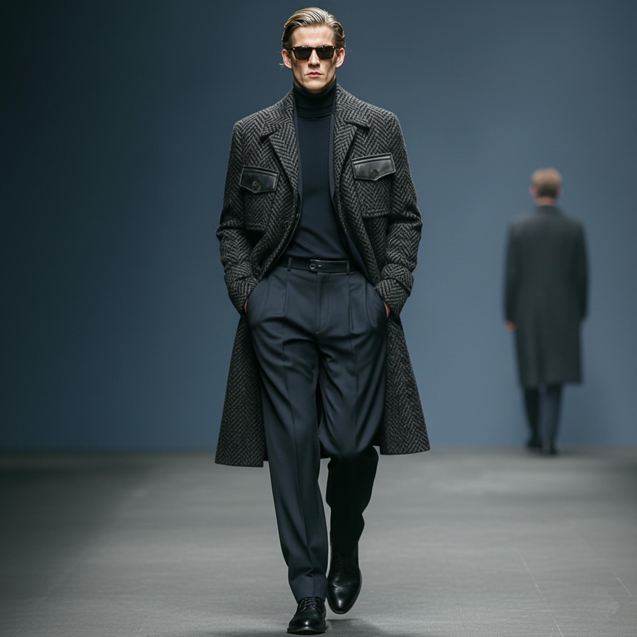 Men's Classic Light Business Lapel Pocket PU Leather Knee-length Faux Herringbone Wool Coat MTA1193J6K