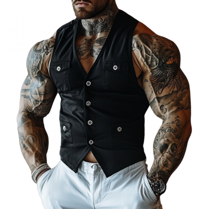 Men's Casual Breathable Cotton V-neck Single-breasted Multi-pocket Slim Vest MTA2642E2M