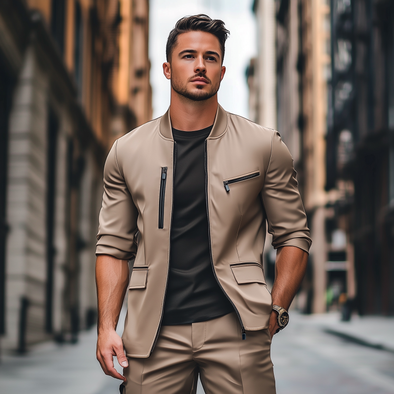 Men's Stylish Solid Color Satin Stand Collar Zipper Placket Multi-Pocket Slim Fit Jacket MTA2874G4M