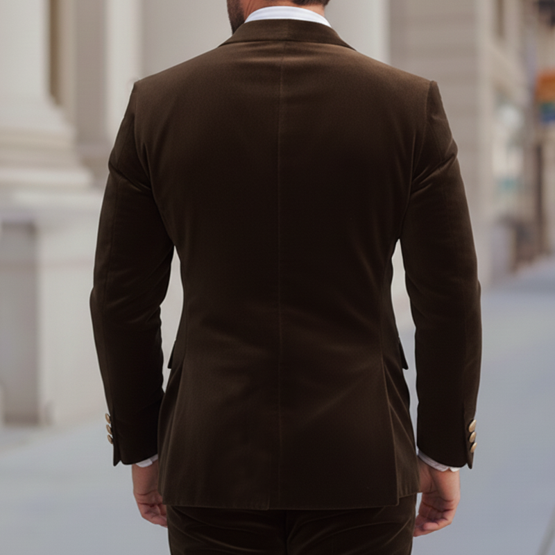 Men's Business Coffee Velvet Double-Breasted Double-Vent Blazer MTA0440K2U
