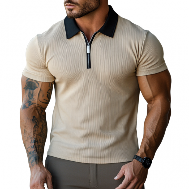 Men's Casual Cotton Blended Ribbed Colorblock Zipper Lapel Slim Short Sleeve Polo Shirt MTA1199F8M