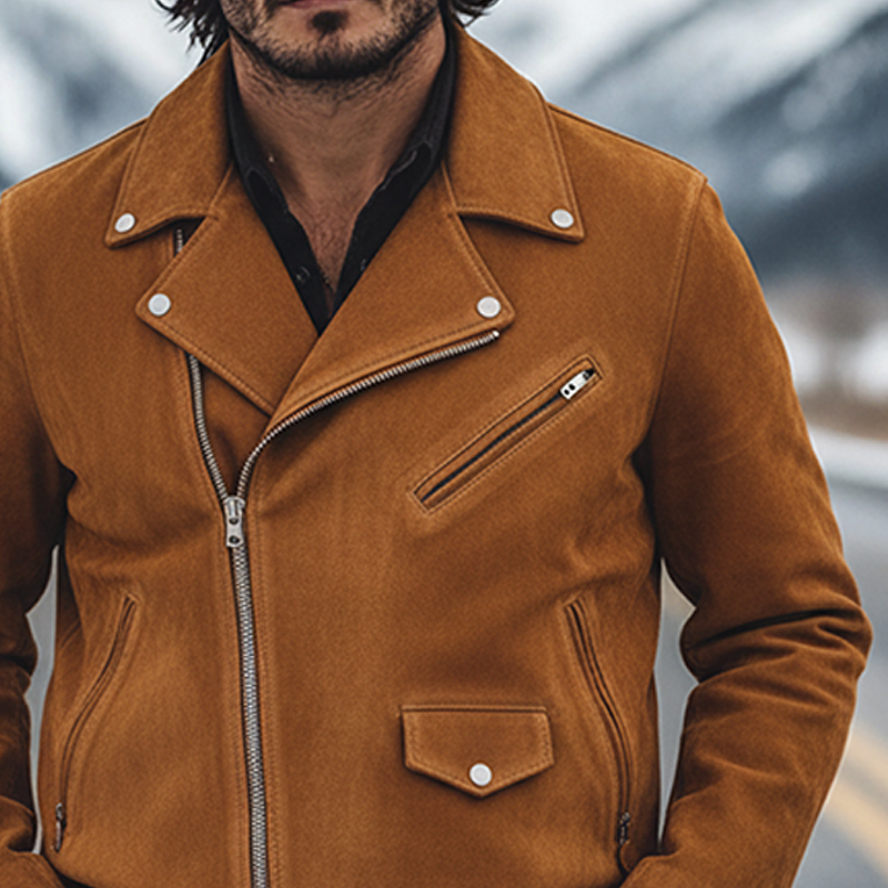Men's Retro Western Cowboy Style Suede Motorcycle Zipper Jacket MTA1942K7X