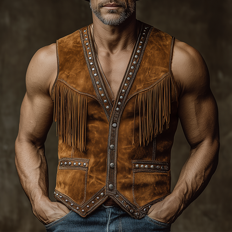 Men's Spring And Summer New American Retro Western Cowboy Thin Suede Tassels And Metal Rivets Slim Fit Single Wear Vest MTA1832F2K