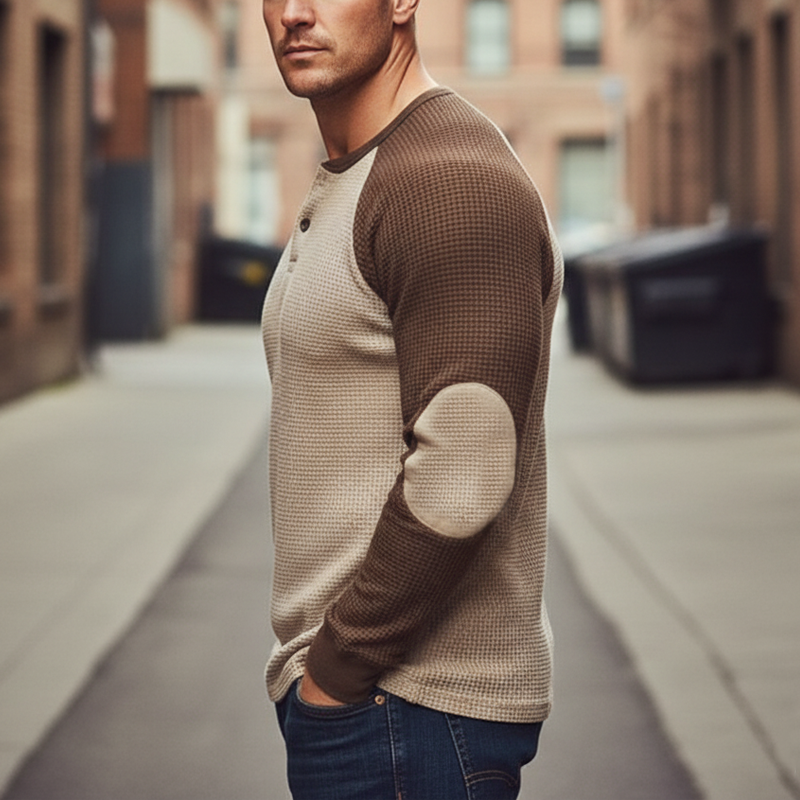 Men's Urban Waffle Texture Color Block Henley Shirt MTA1763K3U
