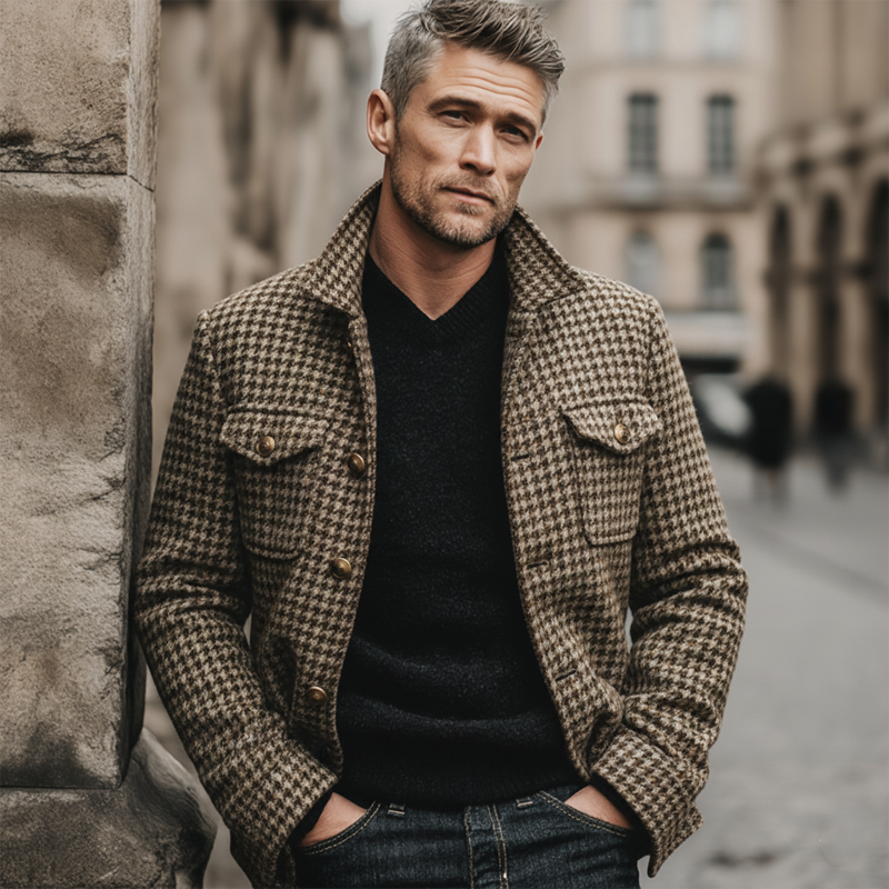 Men's Retro Classic Houndstooth Lapel Faux Wool Jacket MTA3100J0U