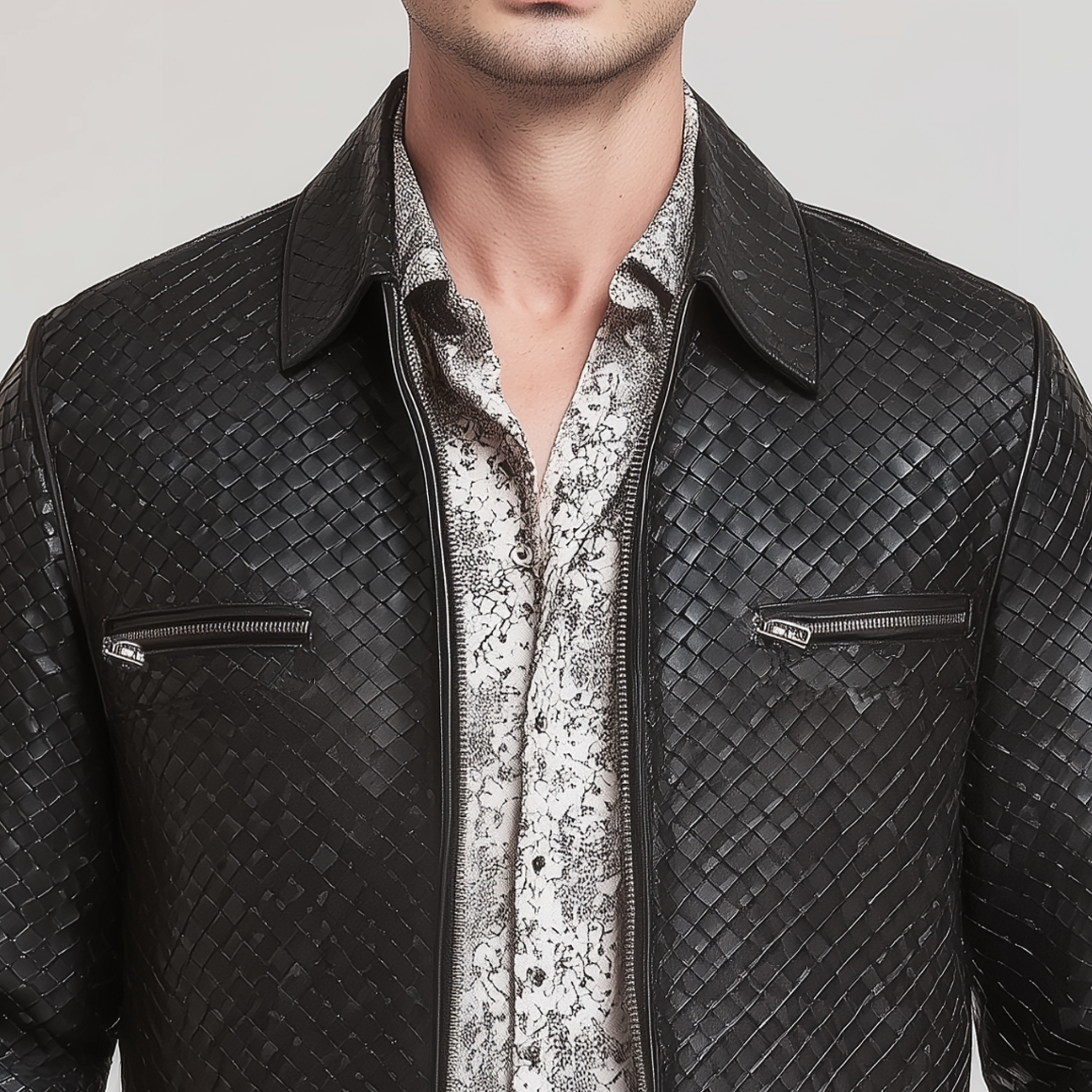 Men's Classic Casual Woven Textured Leather Zip-Up Jacket MTA1129H7K