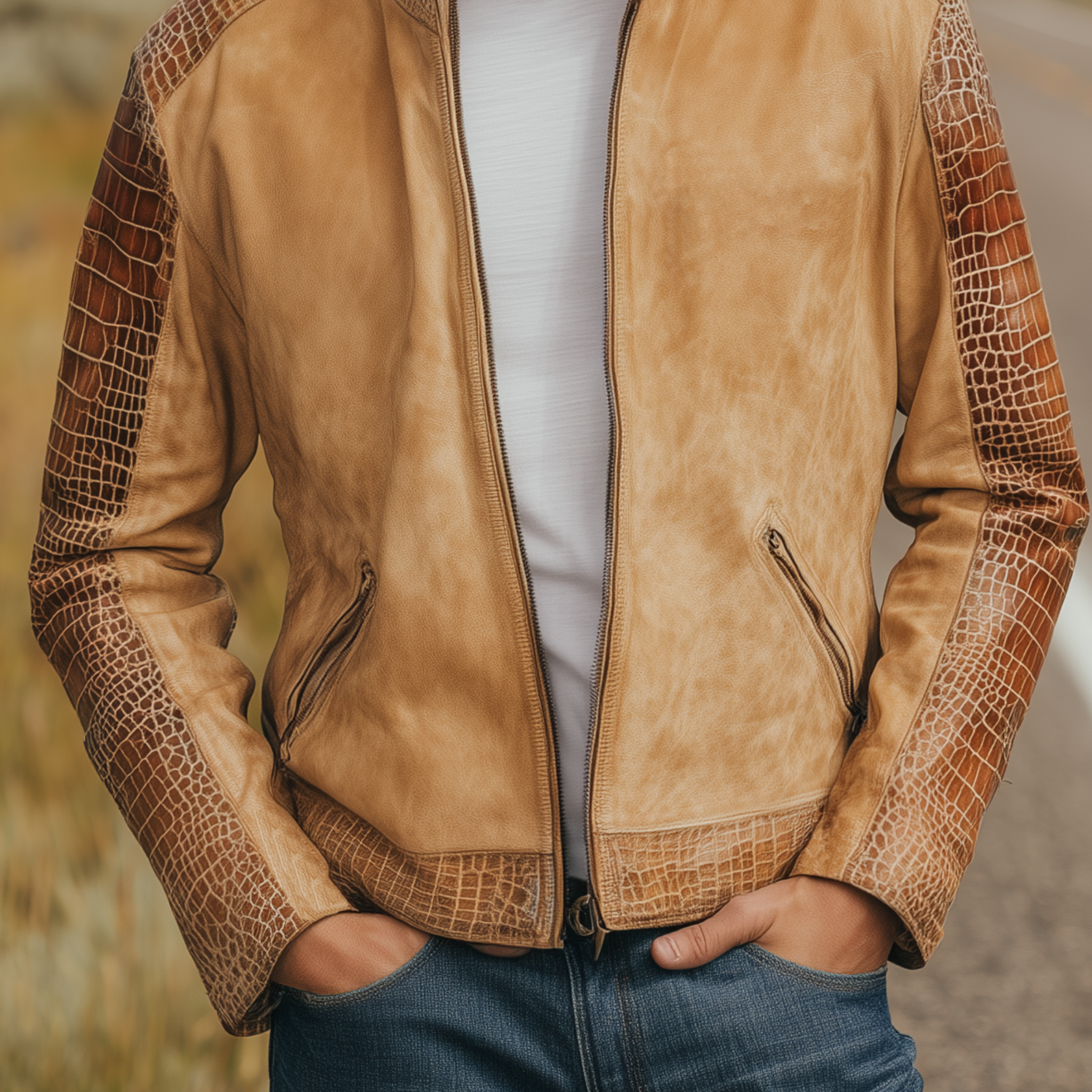 Men's Classic Retro Western Cowboy Style Stand Collar Textured Leather Patchwork Zipper Jacket MTA0575H0K