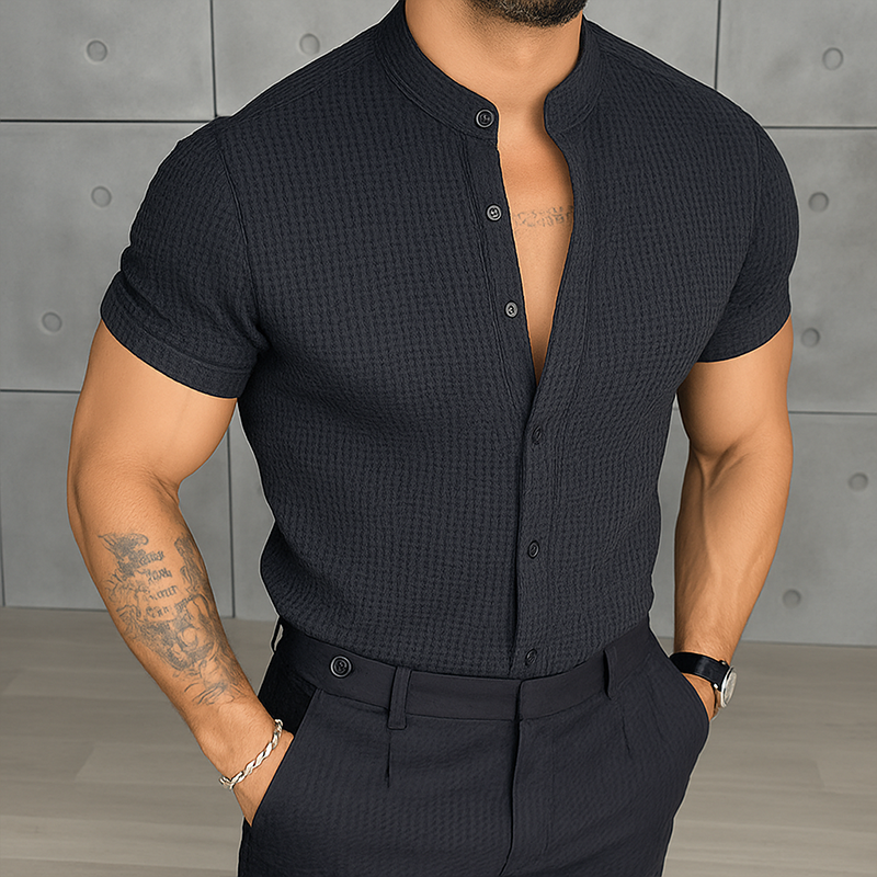 Men's Retro Casual Solid Color Waffle Stand Collar Short Sleeve Shirt MTA1082G1TO
