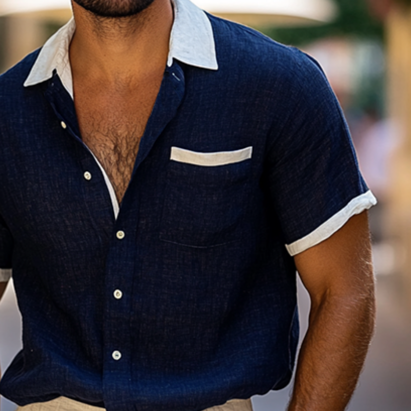 Men's Colorblock Lapel Single Breasted Chest Pocket Short Sleeve Shirt MTA0621F8Y