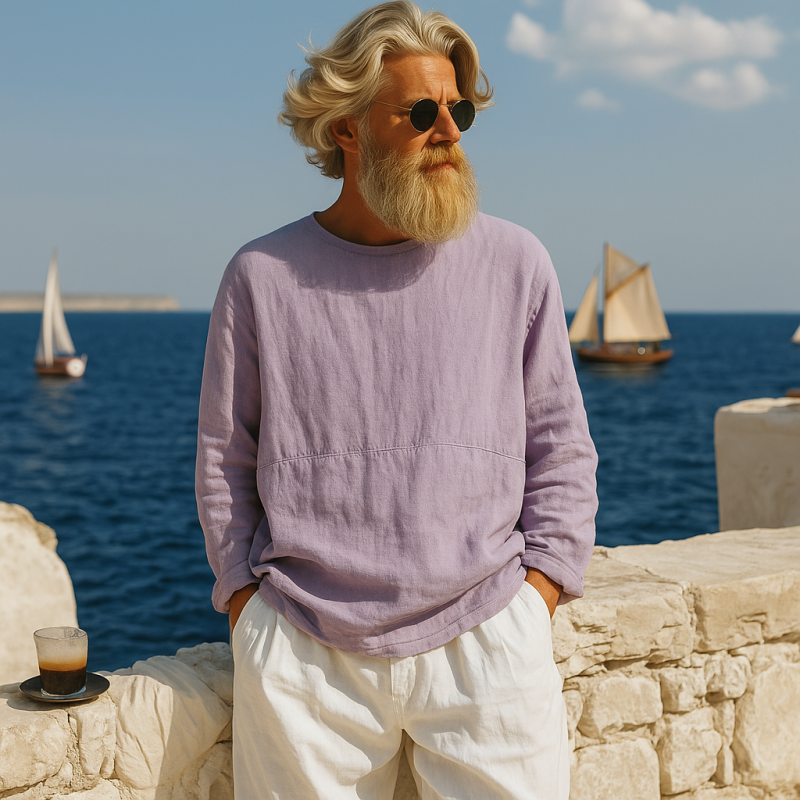 Men's Casual Breathable Cotton Linen Round Neck Loose Long-sleeved T-shirt MTA0121G9M