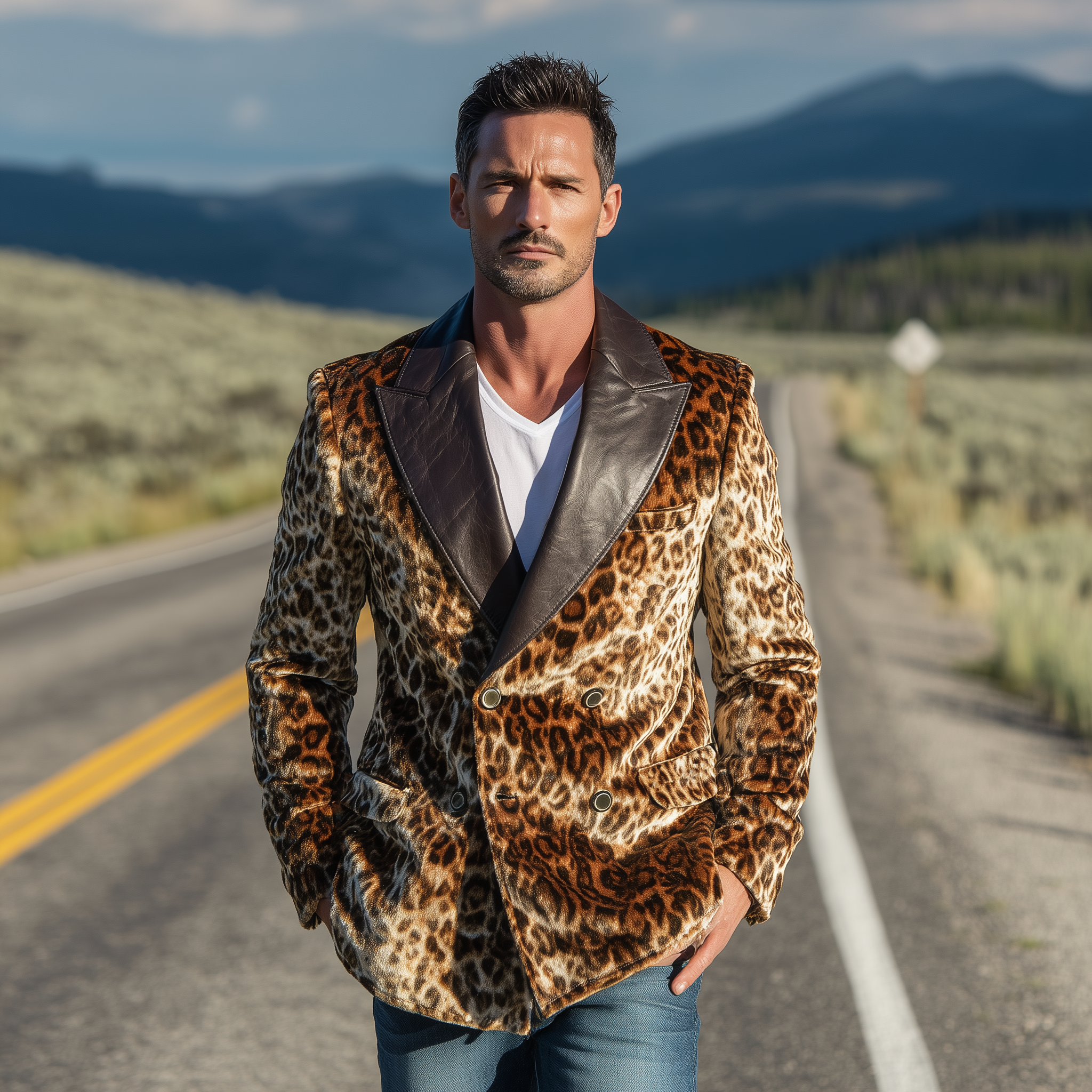 Men's Classic Retro Pu Leather Collar Leopard Velvet Double-breasted Blazer MTA0334I0K