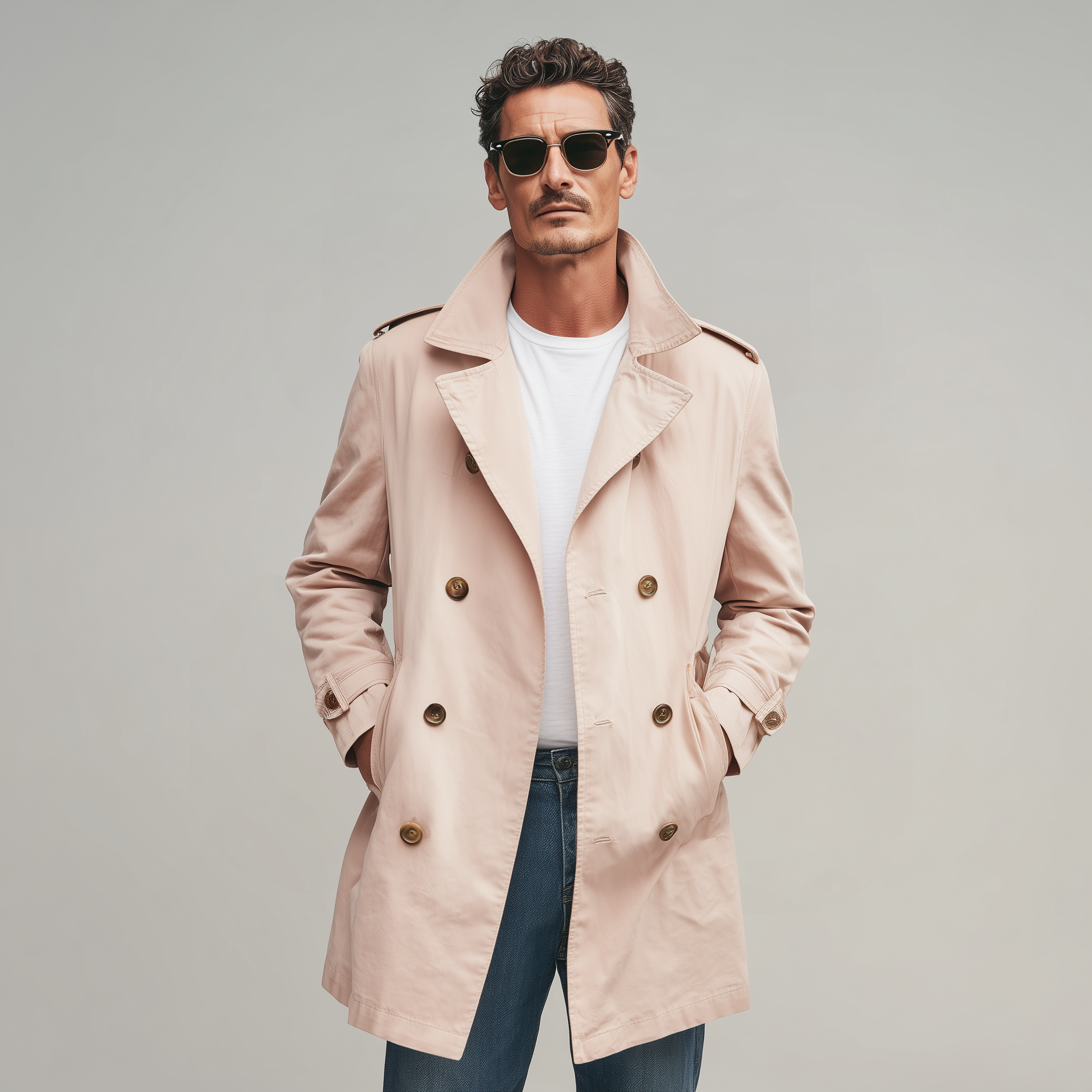 Men's Classic American Retro Lapel Pink Cotton Twill Double-breasted Thigh-length Trench Coat MTA1460H5K