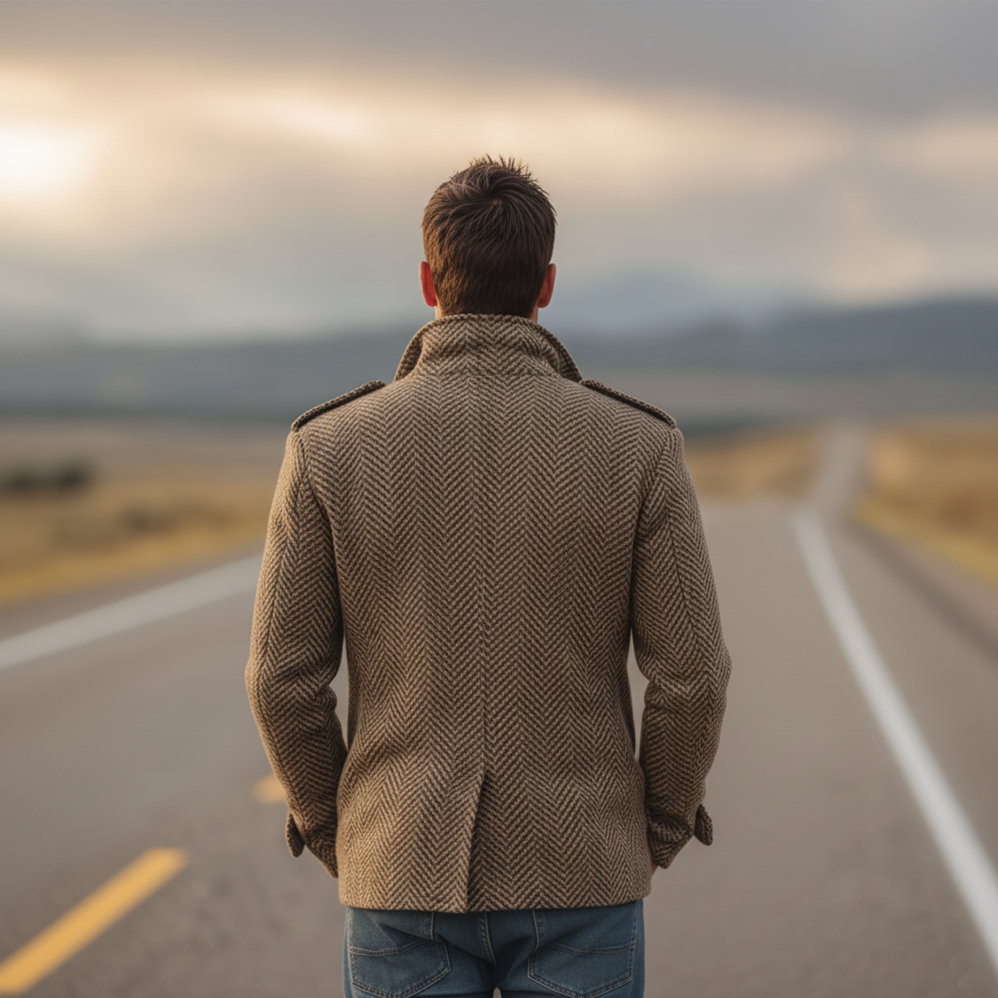 Men's Classic Vintage Western Style Faux Herringbone Wool Double Breasted Jacket MTA2547I6K