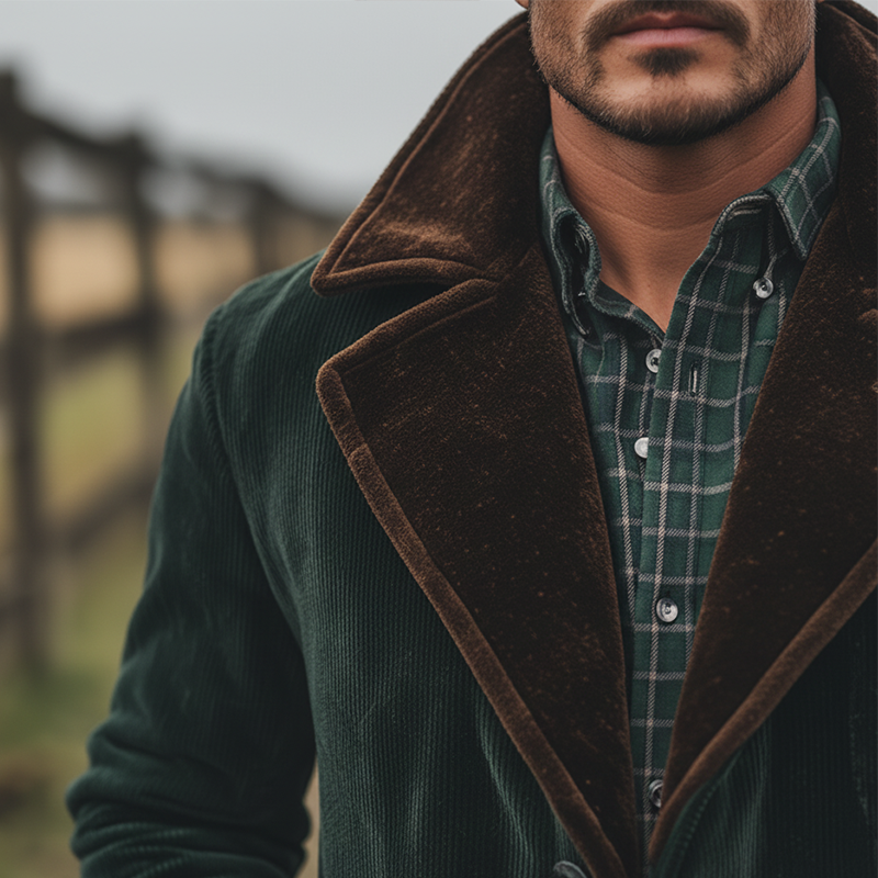 Men's Winter Retro Color-blocked Corduroy Long Button Coat MTA0595K4P