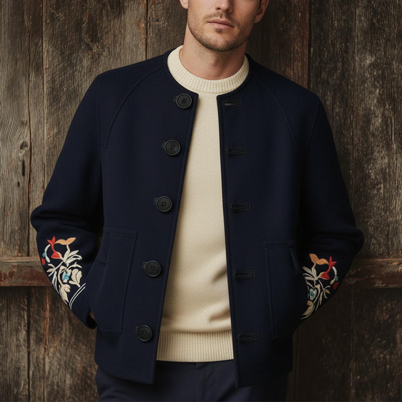 Men's Winter Simple Embroidered Faux Wool Round Neck Jacket MTA1506J2P