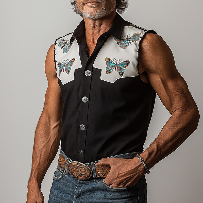 Men's Summer Western Cowboy Style Butterfly Embroidery Patchwork Sleeveless Shirt MTA1493E1P