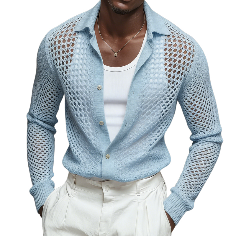 Men's Retro Casual Knitted Hollow-Out Shirt With Turn-Down Collar Cardigan MTZ1449A2TO