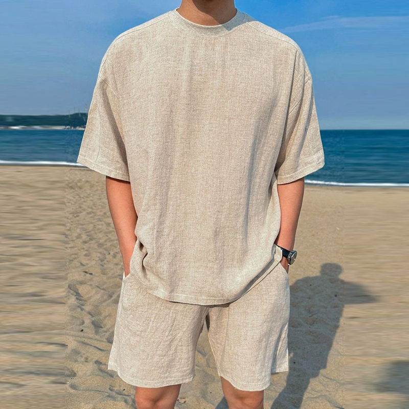 Men's Casual Breathable Linen Round Neck Oversize Short-sleeved T-shirt Elastic Waist Shorts Holiday Set MTA2700E5M