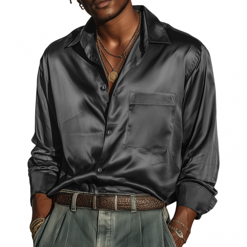 Men's Vintage Elegant Solid Color Satin Lapel Patch Pocket Loose Long Sleeve Shirt MTA1960G9M