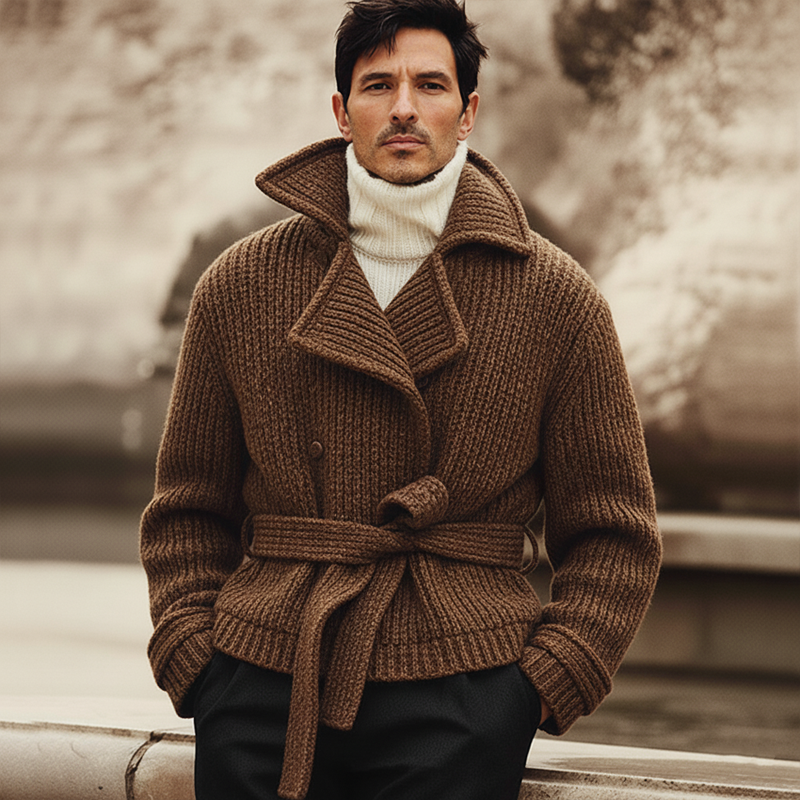 Men's Classic Notched Lapel Double-breasted Belted Knit Jacket MTA2692K0U