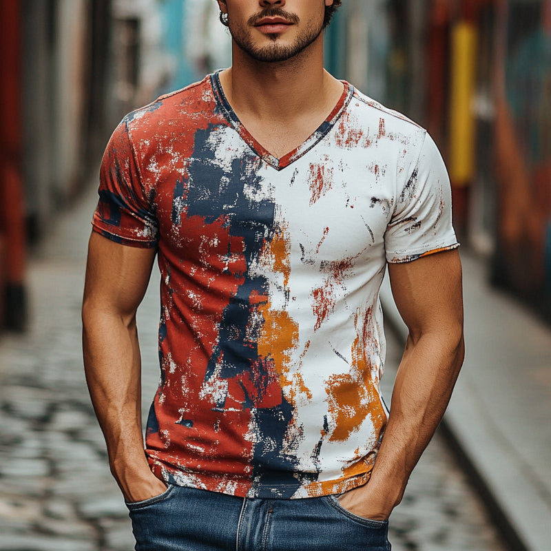 Men's Contrast Print Short-Sleeved V-Neck T-Shirt MTA2483E8X