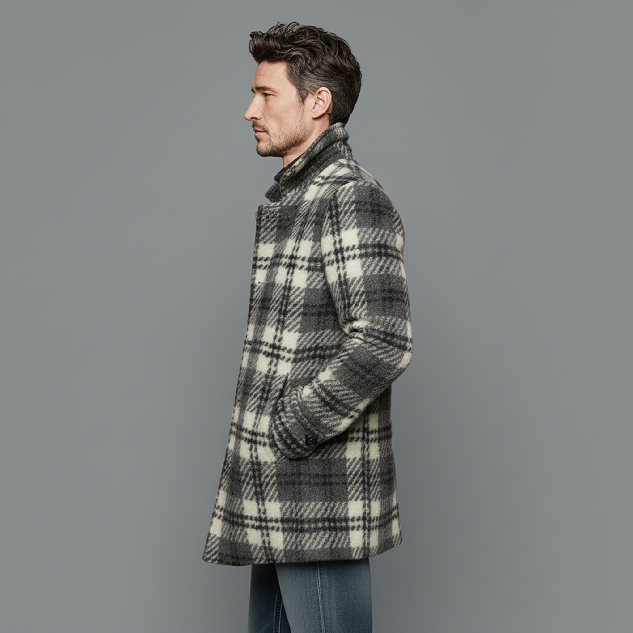 Men's Classic Vintage Faux Check Woolen Single-breasted Thigh-length Coat MTA2520I7K