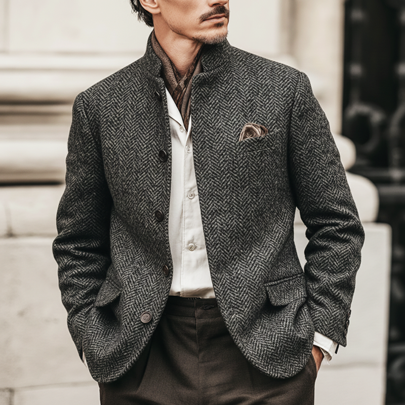 Men's Classic Plaid Stand Collar Double Vent Slim Fit Jacket MTA2171K8U